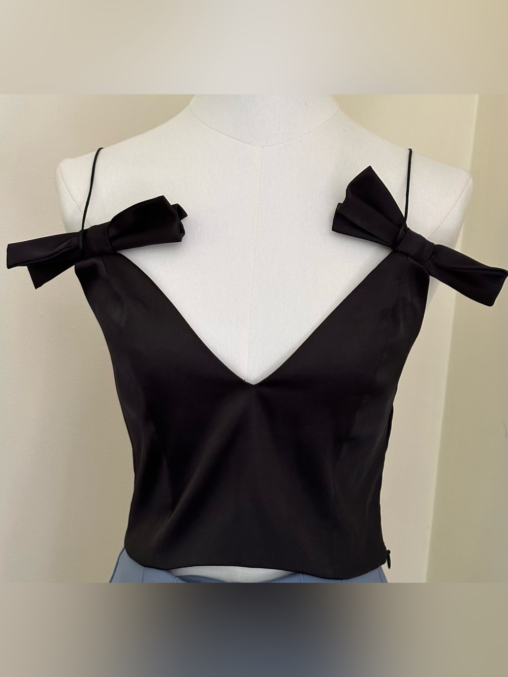 ZARA Black Satin Finish Spaghetti’ Bow Tie Straps Low Deep V Neck Crop Top Sz M
